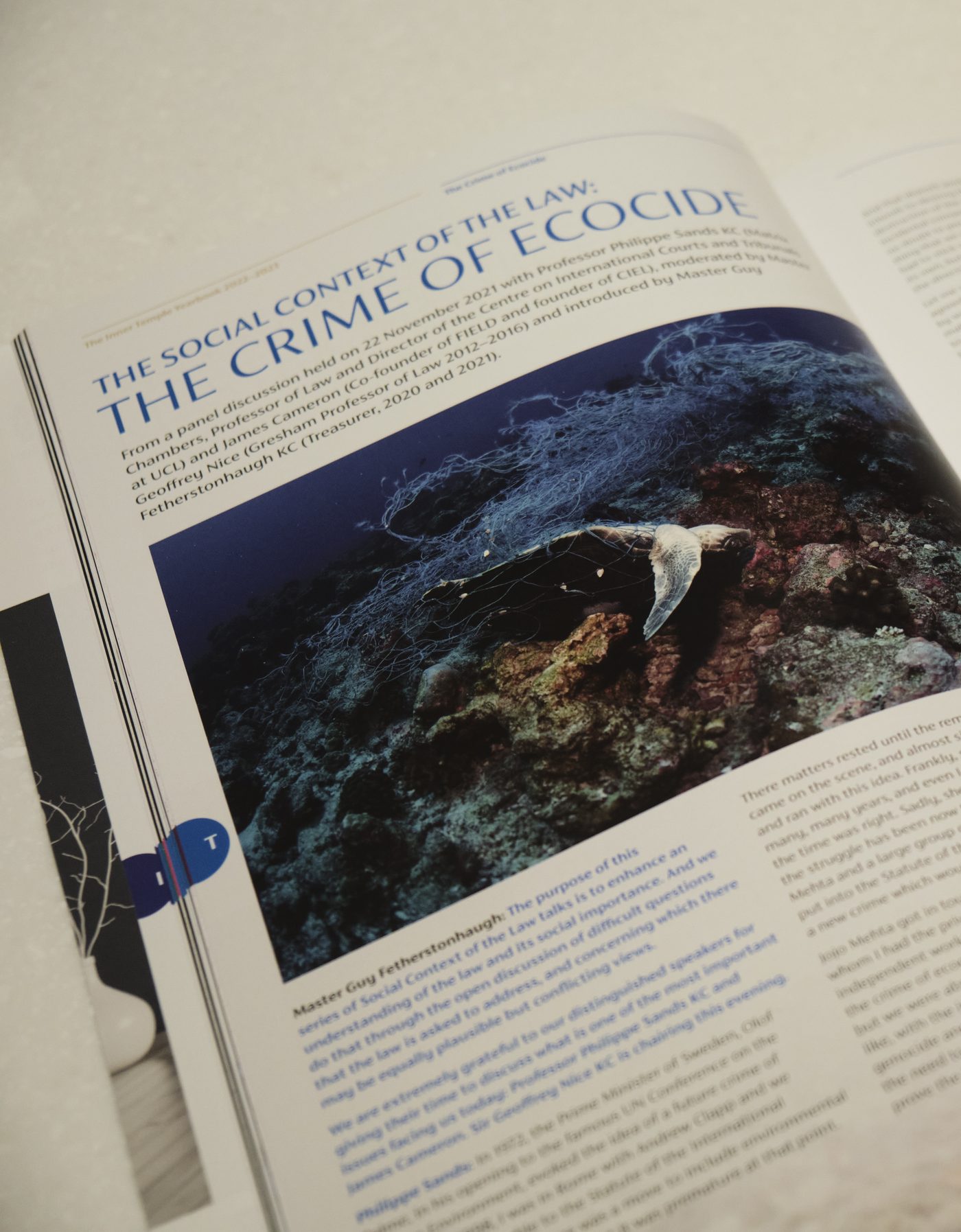 An open Inner Temple Yearbook showing an article spread, The Crime of Ecocide